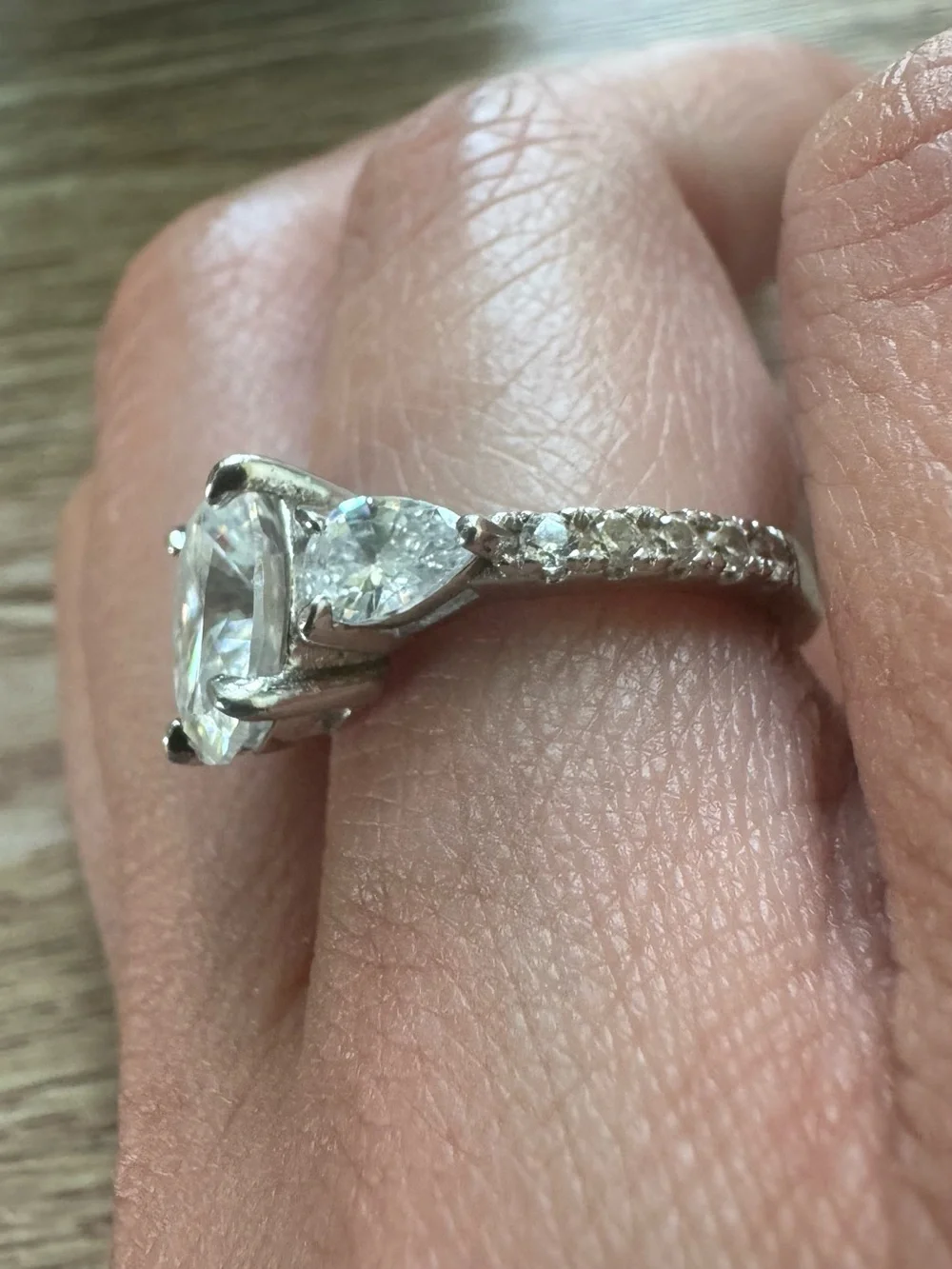 Moissanite 3ct 18K gold Sterling Oval-Cut size 6 Ring Pear Side Stones Pave band